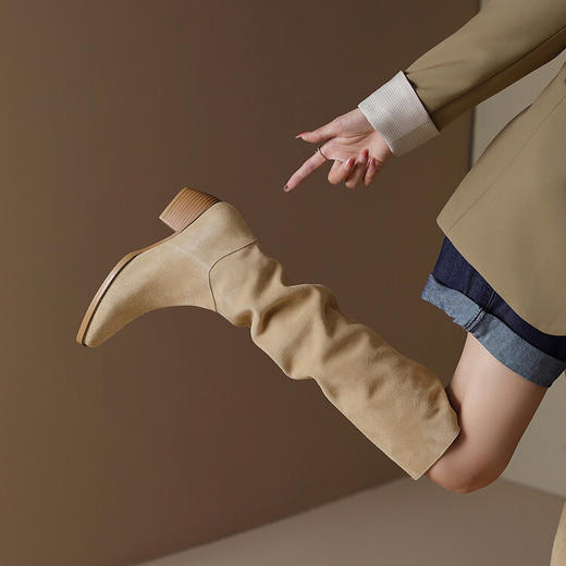 【预售7天】真皮新款尖头褶皱堆堆长筒靴女秋冬显瘦粗跟西部牛仔靴骑士靴长靴SY&G1063-1 商品图1