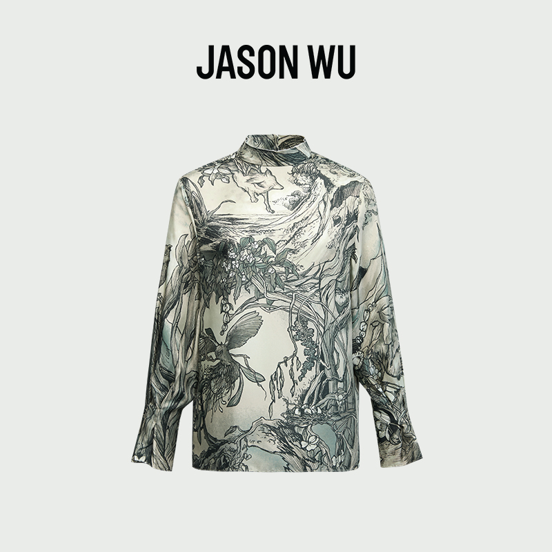 (桑蚕丝)【JASON WU】(多色)秋季新款设计宫廷袖新中式真丝立领宽松上衣女