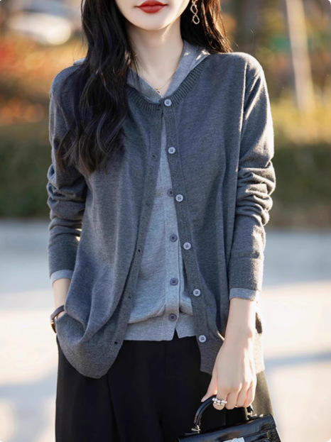 秋季新款【撞色假两件连帽】慵懒风 时尚气质设计感精纺羊毛毛衣开衫  商品图5