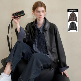 西遇复古休闲摩登质感pu皮夹克外套女秋季宽松廓形显瘦机车服V3151296