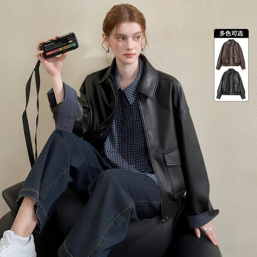西遇复古休闲摩登质感pu皮夹克外套女秋季宽松廓形显瘦机车服V3151296 商品图0