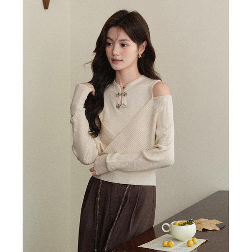 鹿向南「洛梨清茶」新中式国风杏色长袖针织衫秋季复古长袖上衣女 商品图2