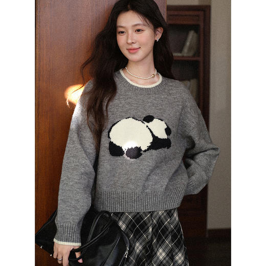 鹿向南「熊猫团子」花灰色圆领保暖长袖毛衣秋冬季新款简约上衣女L58116 商品图0