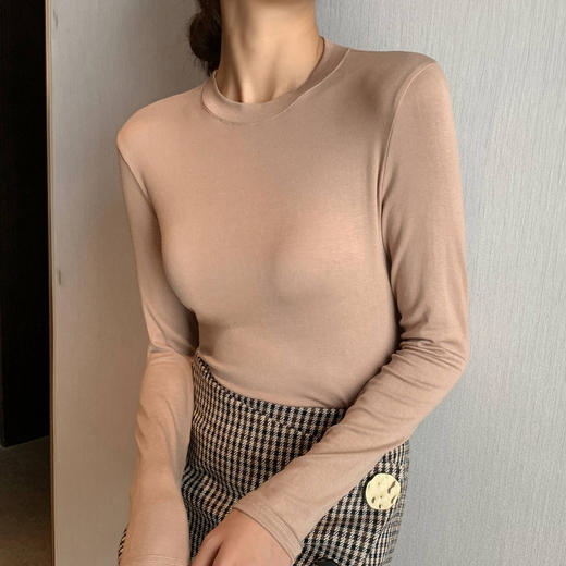 【买一送一】圆领黑色打底衫女螺纹春秋冬季西装内搭修身洋气长袖T恤针织上衣 商品图0