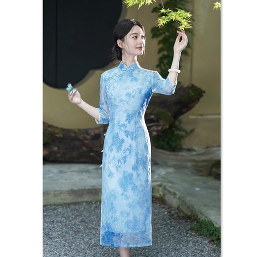 网纱植绒长款，七分袖旗袍GX-27693 商品图3