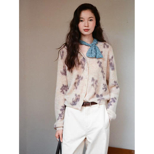 Even Vintage | 羊驼绵羊毛混纺 手绘不规则花朵喷绘空气感开衫 商品图3