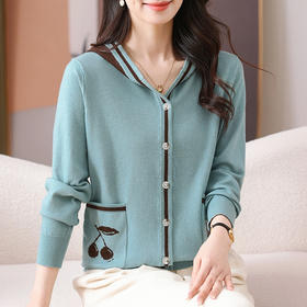 W310-710-88-1382025新款中年妈妈春秋装口袋外套洋气连帽上衣女宽松大码针织开衫