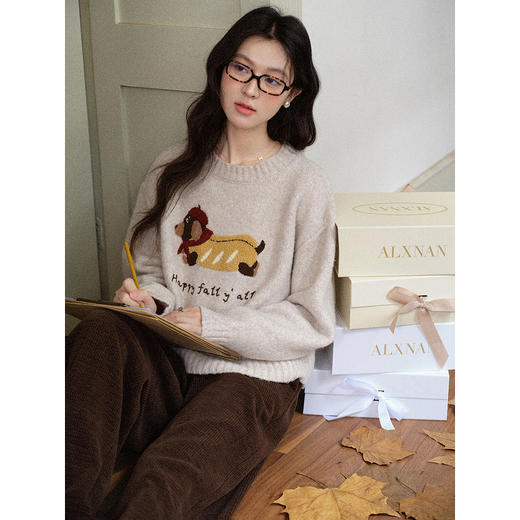 【6折秒杀】鹿向南「森野拼图」燕麦色保暖长袖毛衣秋冬新款简约慵懒风上衣女L58106 商品图4