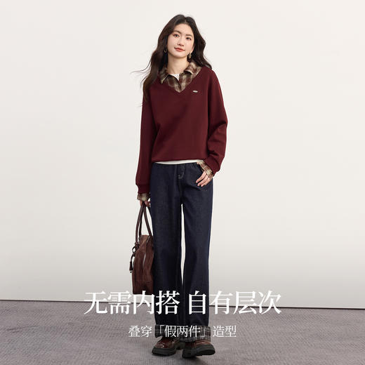 【10/1新品】熙世界朗姆酒红假两件卫衣女2025秋装新款复古撞色格纹POLO领上衣 商品图3