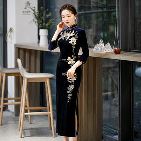 中式刺绣金丝绒国风长款改良旗袍 SC13543