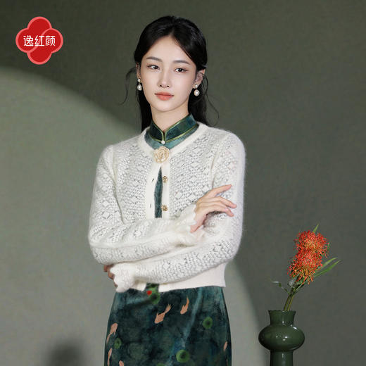 逸红颜眉若2025秋新款镂空花纹小香风手钩玫瑰花马海毛针织开衫女 商品图1