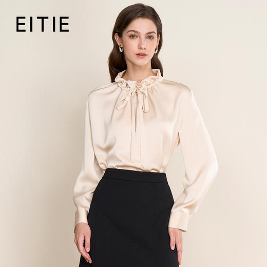 【紫色缎面衬衫】EITIE爱特爱气质抽绳木耳领直筒显瘦2025秋新款上衣C2513826 商品图1