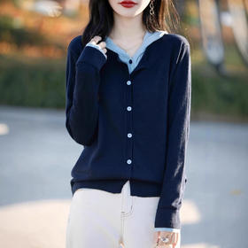 秋季新款【撞色假两件连帽】慵懒风 时尚气质设计感精纺羊毛毛衣开衫 