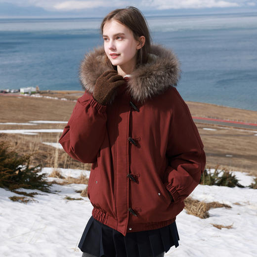 三彩2025冬季新款毛领羽绒服连帽牛角扣90白鸭绒外套M 商品图2