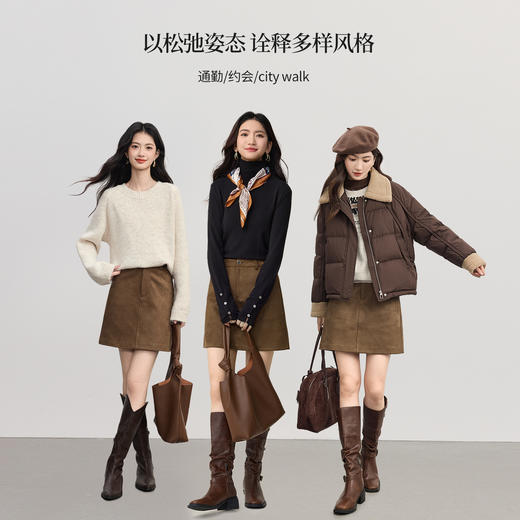 【10/1新品】熙世界复古咖色仿生麂皮绒半身裙女2025秋冬新款高腰显瘦a字短裙 商品图2