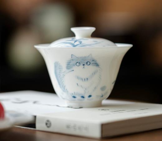 米马杂货 手绘青花猫咪盖碗 釉下彩 薄胎白瓷盖碗 不烫手 商品图0