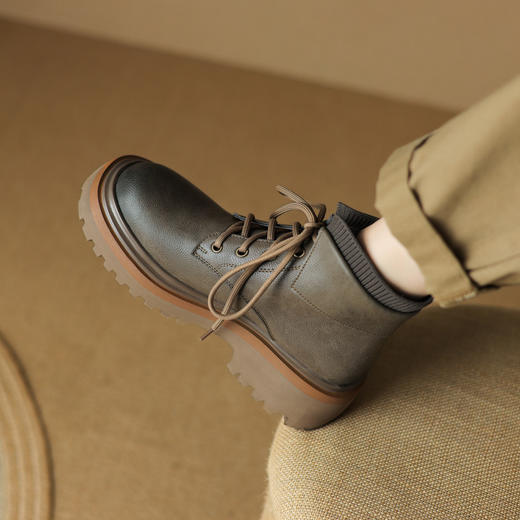 【预售5天】真皮厚底圆头擦色系带马丁靴，松糕底卡其色复古短靴MDY&AM2169-15 商品图1