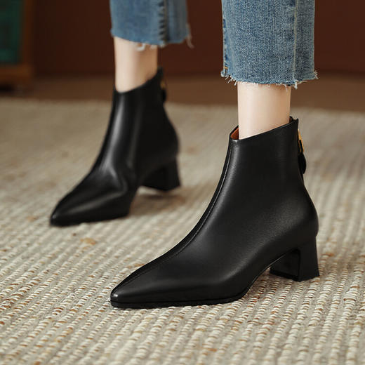 【预售5天】巨舒适~软羊皮粗跟法式及裸靴短靴女秋冬新款尖头切尔西单靴LG&2363-35 商品图2