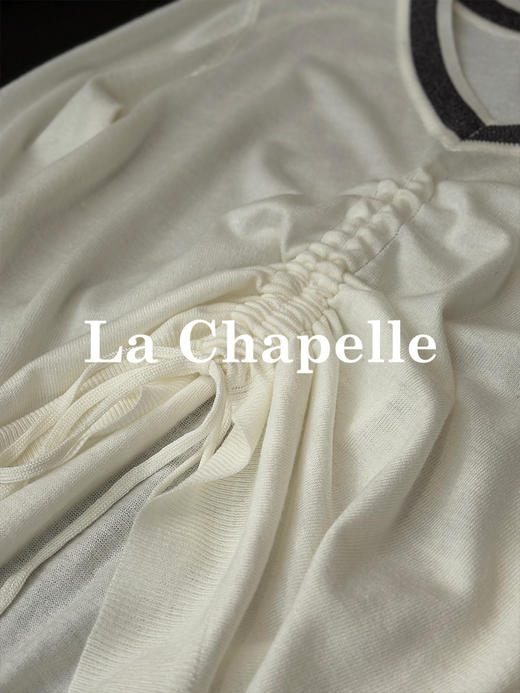 专柜实拍【绵羊毛/高质感】拉夏贝尔/La Chapelle设计感抽绳系带针织衫女秋季新款撞色V领长袖上衣 商品图8