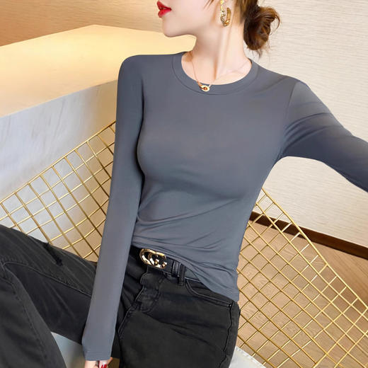 【买一送一】圆领黑色打底衫女螺纹春秋冬季西装内搭修身洋气长袖T恤针织上衣 商品图2