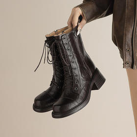 【预售5天】秋冬新款英伦风复古真皮百搭粗跟系带圆头短筒马丁靴LD&7497
