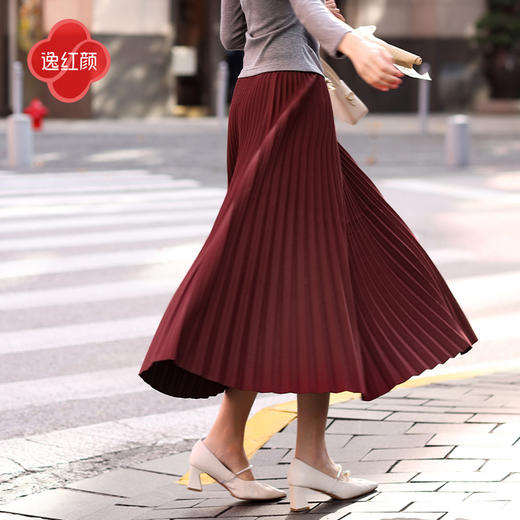 逸红颜令颐2025秋冬新品松紧腰弹力针织毛呢多色百搭百褶半身裙女 商品图1
