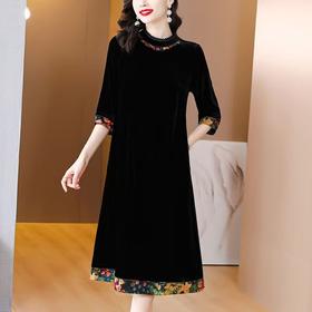 春秋新款2025贵夫人阔太太黑色金丝绒拼接连衣裙女