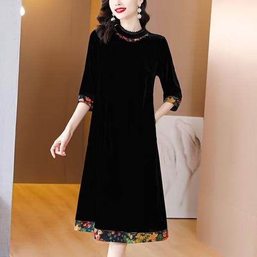 春秋新款2025贵夫人阔太太黑色金丝绒拼接连衣裙女 商品图0