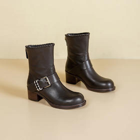 Westory2025年冬季牛皮圆头中跟帅气轻朋克复古西部靴休闲短靴W25DS85571