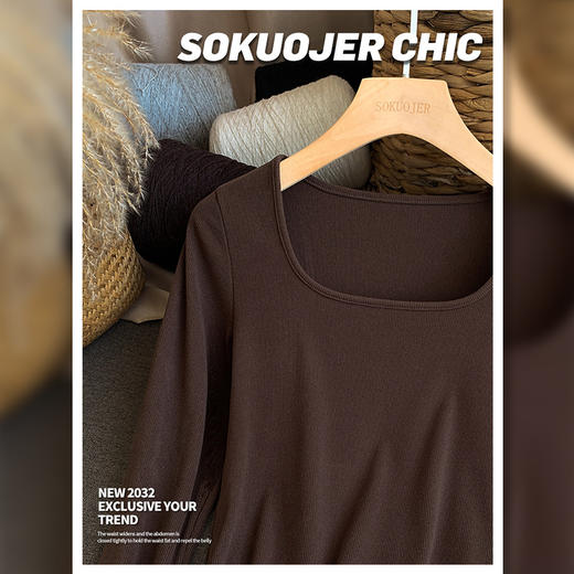 【买一送一】螺纹打底衫女秋冬双面磨毛U型领内搭高弹修身显瘦保暖长袖 商品图6