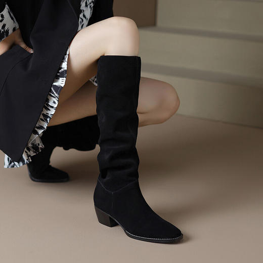 【预售7天】真皮新款尖头褶皱堆堆长筒靴女秋冬显瘦粗跟西部牛仔靴骑士靴长靴SY&G1063-1 商品图3