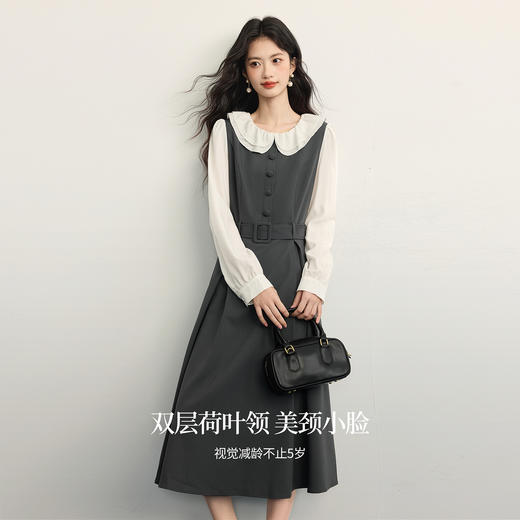 【10/1新品】熙世界格雷系荷叶领假两件连衣裙女长袖灰色通勤收腰裙子2025秋款 商品图1