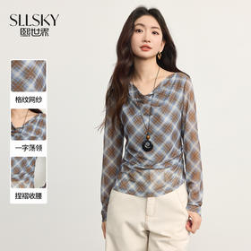 【10/1新品】熙世界网纱复古格纹T恤长袖女秋季小众设计捏褶收腰荡领打底上衣