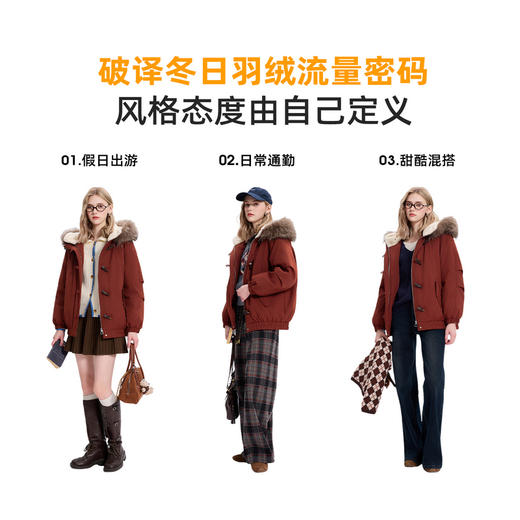三彩2025冬季新款毛领羽绒服连帽牛角扣90白鸭绒外套M 商品图4