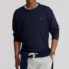 R.L拉夫** 小马刺绣 美单260克重磅纯色打底圆领长袖T恤 男女情侣款