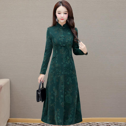 QYMLRX-1315C521-Y中老年妈妈印花大码连衣裙女新款2025年秋季气质修身改良旗袍裙子 商品图0