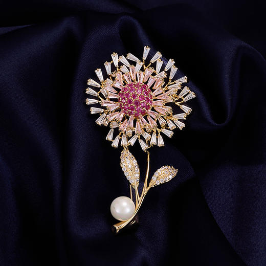 高档轻奢蒲公英微镶锆石花朵胸针，珍珠优雅西装大衣高级感配饰胸花LY-F-025 商品图0