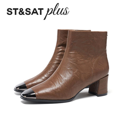 【绒里可选】星期六金属方头复古褶皱粗跟时装靴SSD4116586/SSD4118586 商品图7