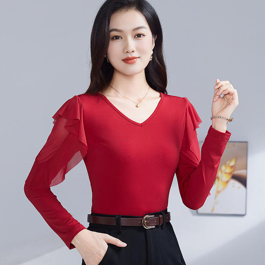 雀说秋季新款V领长袖荷叶边弹力小衫百搭气质打底衫上衣AL53109 商品图0