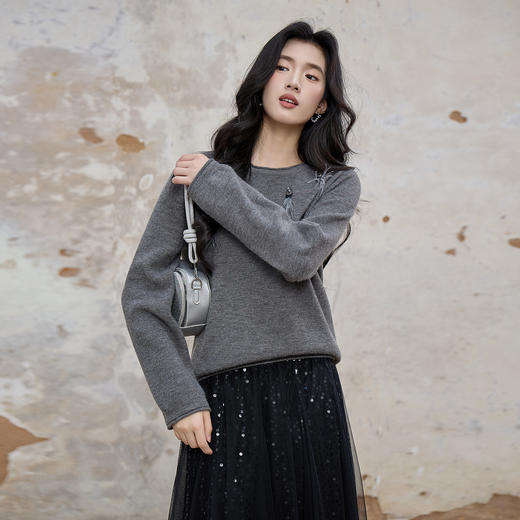 奢姿大码女装2025秋季时尚流苏挂饰针织衫胖妹妹气质简约圆领上衣9853653689 商品图2