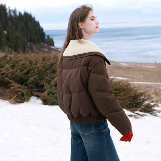 三彩2025冬季新款短款羽绒服90白鸭绒毛绒翻领面包服保暖时尚M 商品图3