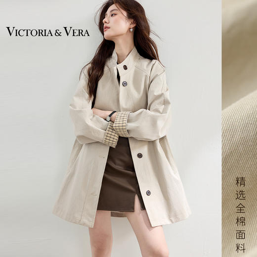 VICTORIA&VERA秋季【尘织象限】格子袖立领风衣卡其色全棉中长款肌理廓形通勤必备 商品图1