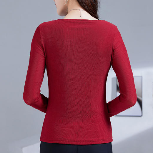 雀说新款玫瑰花荡领弹力网纱时尚洋气百搭纯色长袖T恤女上衣AL46006 商品图4