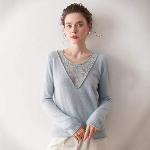 「高货rg」全新升级【铂金会员441/天猫589/差价148】(65201)洛诗琳新款镂空蕾丝拼接羊绒衫2025秋冬气质女人味针织衫 商品图1