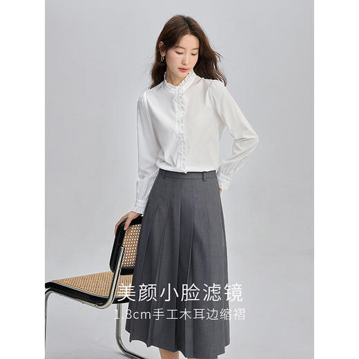 【年终特卖】熙世界春日衬衫长袖2025新款法式木耳边立领上衣泡泡袖粉色衬衣 商品图1