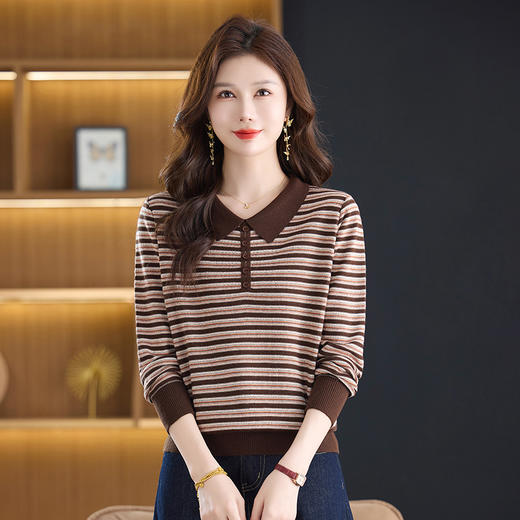 雀说含羊毛漂亮条纹翻领长袖宽松遮肚针织毛衣AL8033 商品图1