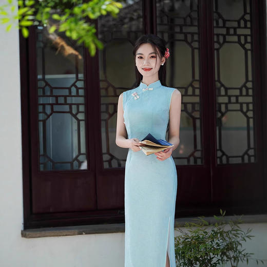 2025春夏新款中国风仿天丝长款复古旗袍女装改良修身连衣裙双层 商品图2