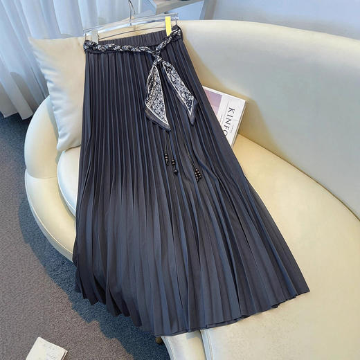 百媚生 【送腰带】半身裙女秋a字百褶裙垂感中长款伞裙0831-1 商品图0