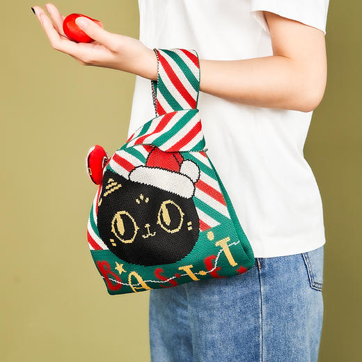 大英博物馆 巴斯特系列 圣诞萌猫针织手拎包 绿色/红色 商品图1