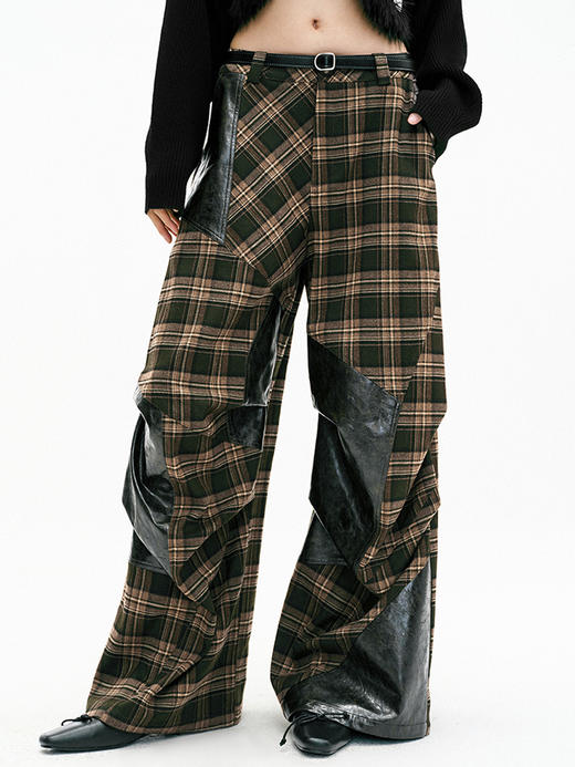 TR她热 经纬革调 棕绿色格纹拼接PU皮设计感休闲复古阔腿裤 商品图2